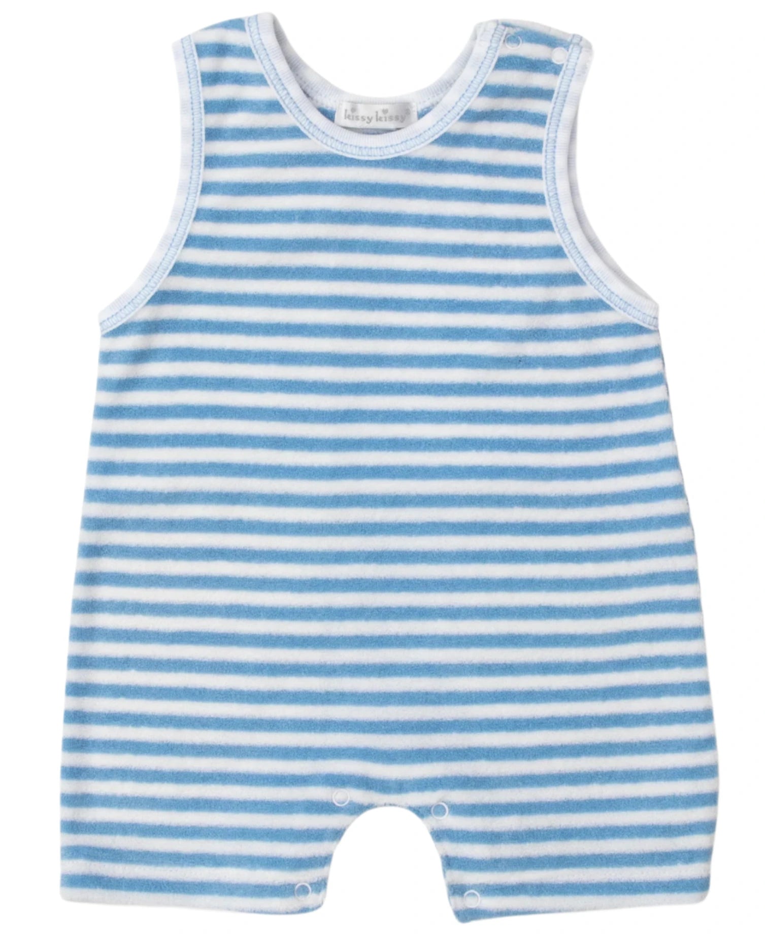 The Kissy Kissy Baby Boys' Cabana Terry Stripes Sleeveless Playsuit features blue and white stripes, soft white trim, and snap closures at the shoulder and crotch—ideal as a comfy summer one-piece for little ones.