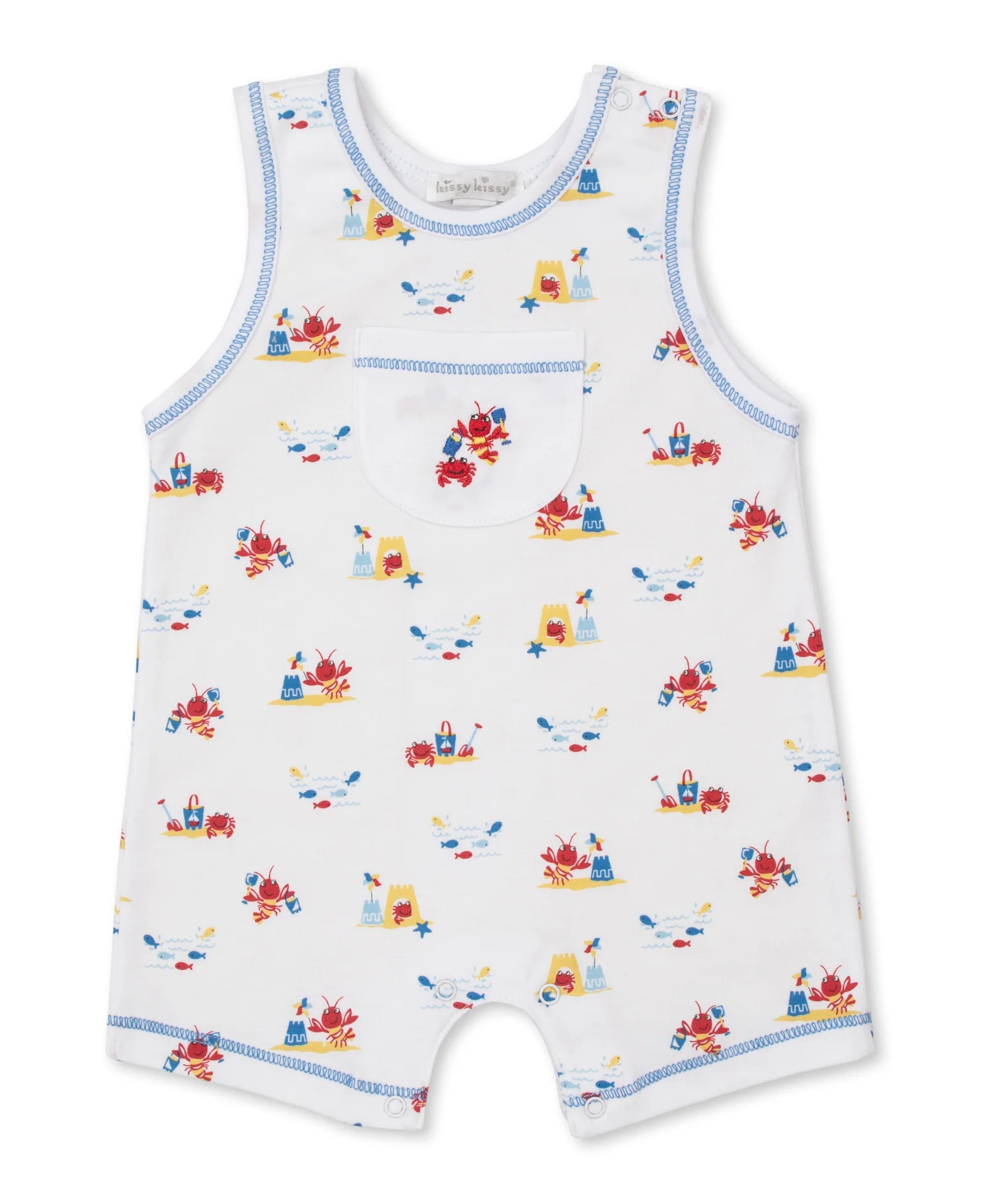 The Kissy Kissy Baby Boys' Lobsters Sandy Smiles Sleeveless Playsuit features blue trim, colorful beach-themed prints, a crab front pocket, and is crafted from soft Pima cotton.