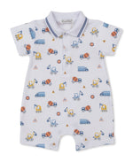 The Kissy Kissy Baby Boys’ Construction Roadwork Short Playsuit is a short-sleeve romper with a collar, crafted from soft Pima cotton and adorned with a playful construction-theme print featuring vehicles, cones, and caution signs in blue, orange, and yellow on a white background.