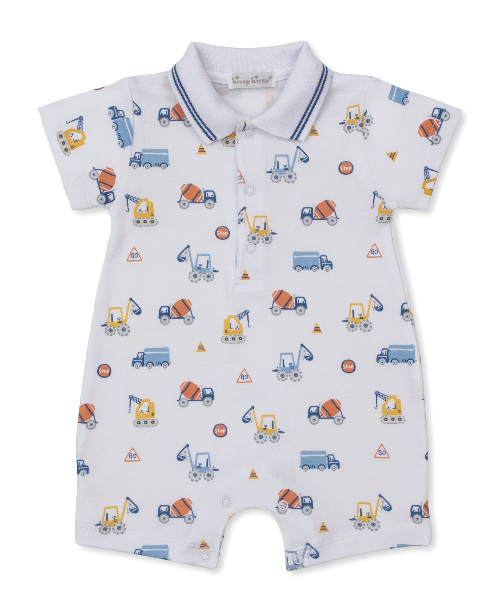 The Kissy Kissy Baby Boys’ Construction Roadwork Short Playsuit is a short-sleeve romper with a collar, crafted from soft Pima cotton and adorned with a playful construction-theme print featuring vehicles, cones, and caution signs in blue, orange, and yellow on a white background.