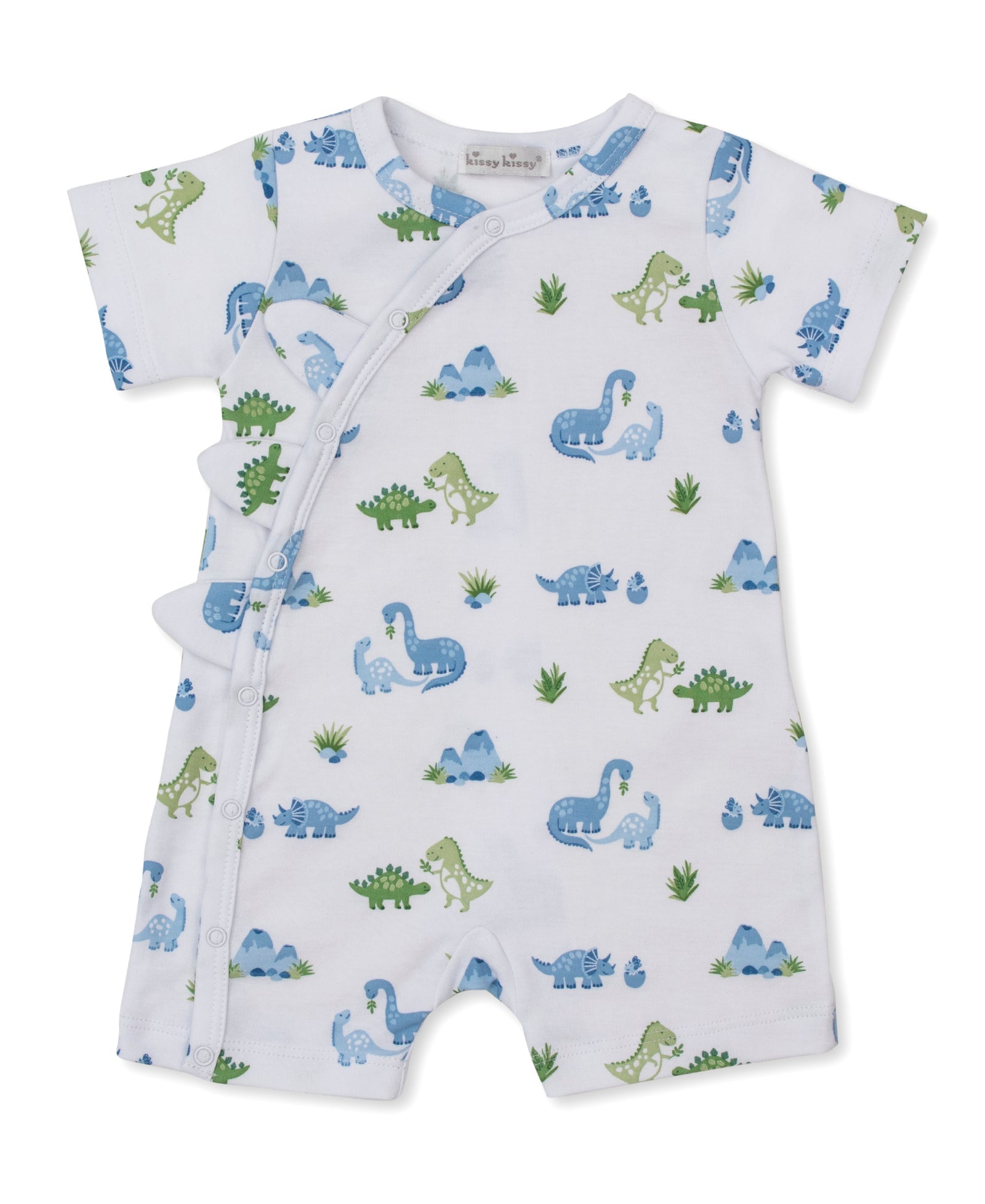 The Kissy Kissy Baby Boys' Dinosaur Delight Short Playsuit is a soft Pima cotton romper in white, featuring a playful blue and green dinosaur print, convenient side snap buttons, and fun decorative fabric spikes along one side.
