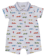 The Kissy Kissy Baby Boys' Sizzling Speedway Short Playsuit w/ Collar features a colorful car and street sign print on white.