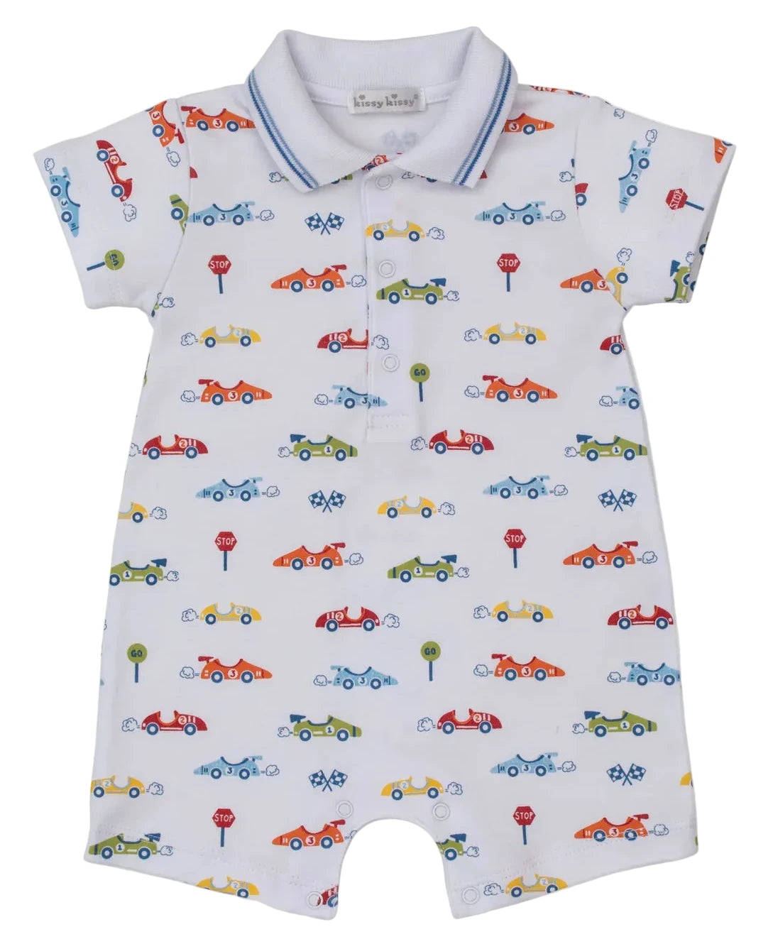 The Kissy Kissy Baby Boys' Sizzling Speedway Short Playsuit w/ Collar features a colorful car and street sign print on white.