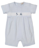 The Kissy Kissy Baby Boys' Premier Golf Championship Hand Emb. Short Playsuit is a light blue, striped Peruvian cotton romper with front pleats and hand-embroidered golf club and cart motifs on the chest.
