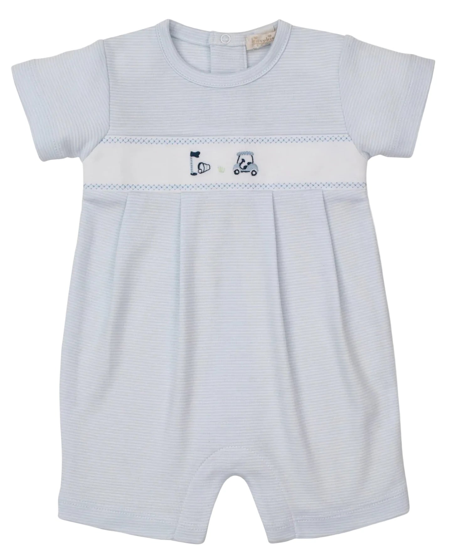 The Kissy Kissy Baby Boys' Premier Golf Championship Hand Emb. Short Playsuit is a light blue, striped Peruvian cotton romper with front pleats and hand-embroidered golf club and cart motifs on the chest.