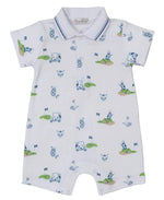 Dress your little one in the Kissy Kissy Baby Boy's Golf Championship Blue Short Playsuit with collar, featuring playful golf-themed prints—a perfect, comfy Pima cotton outfit for future champions.