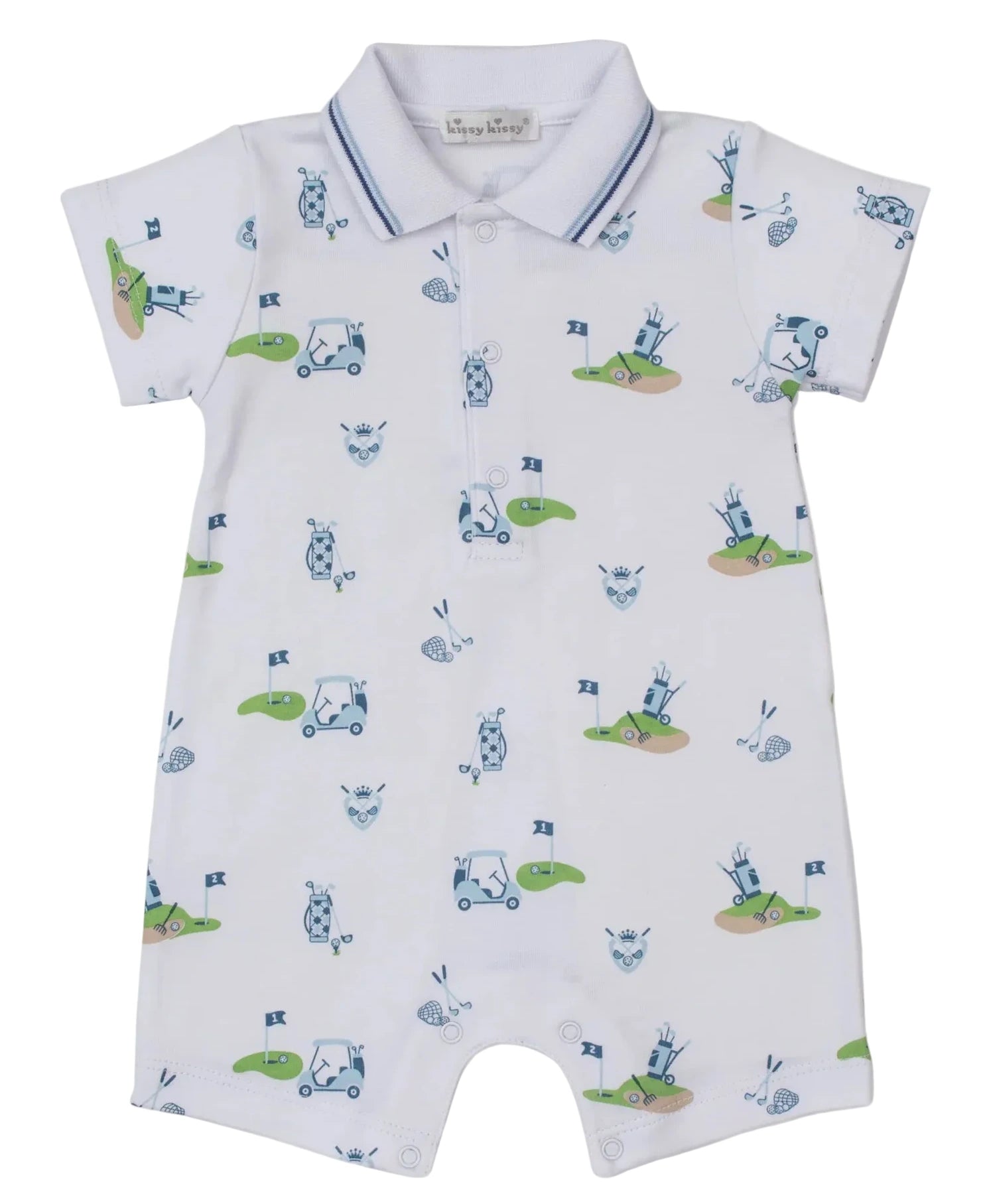Dress your little one in the Kissy Kissy Baby Boy's Golf Championship Blue Short Playsuit with collar, featuring playful golf-themed prints—a perfect, comfy Pima cotton outfit for future champions.