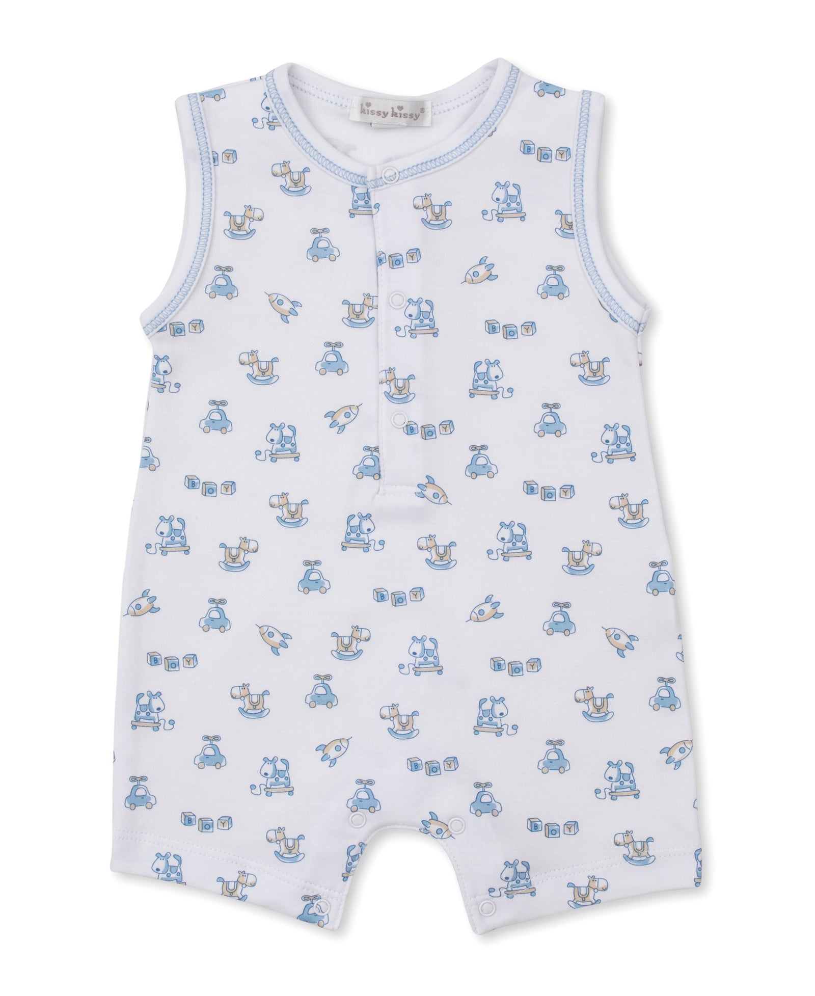 The Kissy Kissy Baby Boys’ Vintage Toy Fun Sleeveless Playsuit is crafted from soft Pima cotton and features a charming blue vintage toy print, front snap buttons, and white trim around the neck and arm openings.