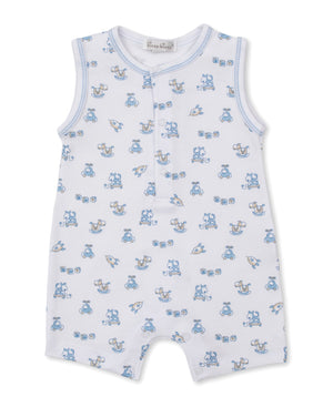 The Kissy Kissy Baby Boys’ Vintage Toy Fun Sleeveless Playsuit is crafted from soft Pima cotton and features a charming blue vintage toy print, front snap buttons, and white trim around the neck and arm openings.