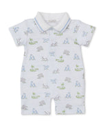 The Baby Boys' SCE Safari Party Short Playsuit by Kissy Kissy features short sleeves and a collared design, with a playful pattern of blue and grey animals, green alligators, and palm trees set against a light blue and white striped background. Made from soft Pima cotton, this romper offers both adorable style and superior comfort for your little one.