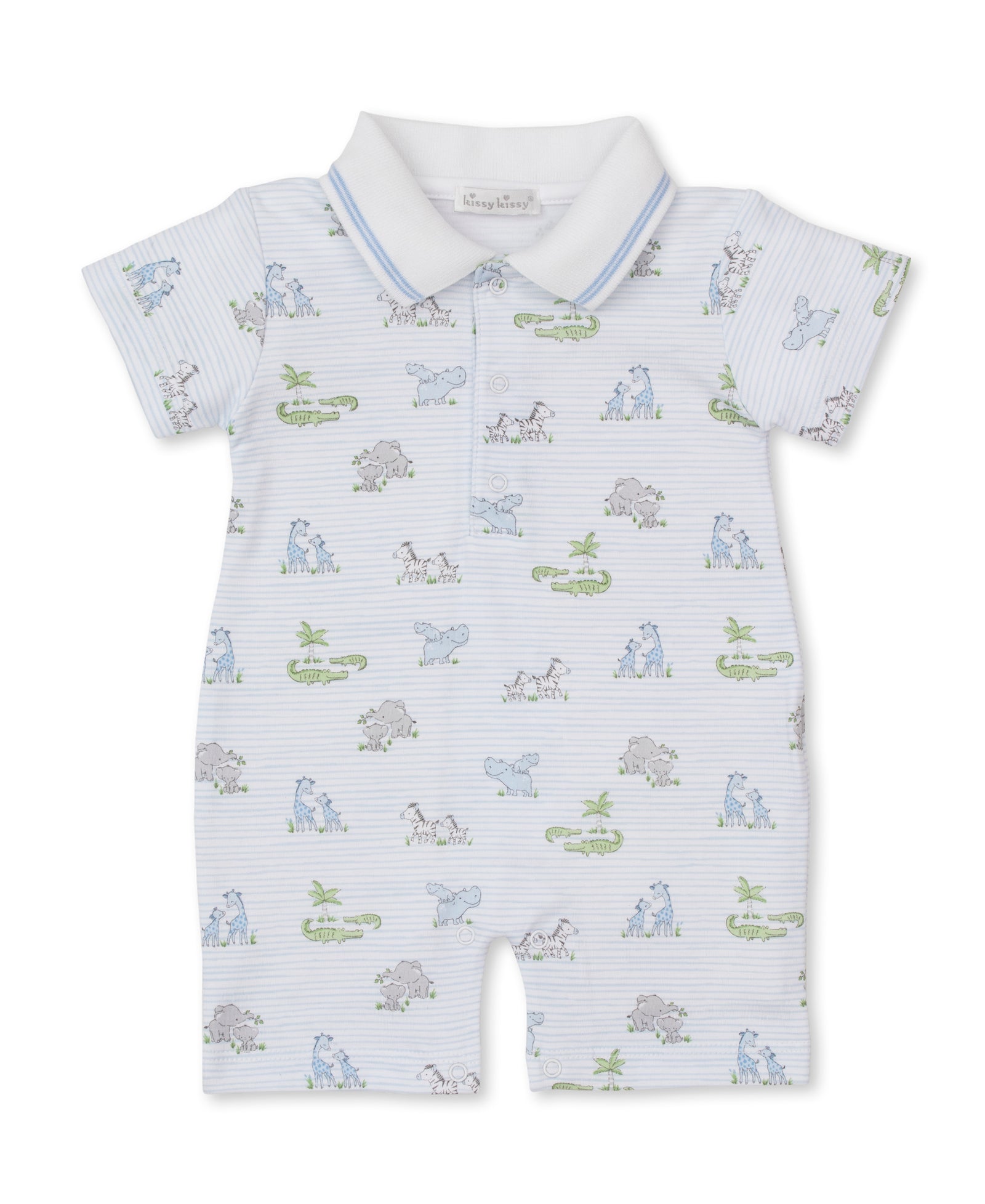 The Baby Boys' SCE Safari Party Short Playsuit by Kissy Kissy features short sleeves and a collared design, with a playful pattern of blue and grey animals, green alligators, and palm trees set against a light blue and white striped background. Made from soft Pima cotton, this romper offers both adorable style and superior comfort for your little one.