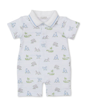 The Baby Boys' SCE Safari Party Short Playsuit by Kissy Kissy features short sleeves and a collared design, with a playful pattern of blue and grey animals, green alligators, and palm trees set against a light blue and white striped background. Made from soft Pima cotton, this romper offers both adorable style and superior comfort for your little one.