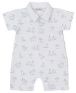 The Kissy Kissy Baby Boys' Springtime Bunny Fun Short Playsuit w/ Collar features soft white Pima cotton with light blue bunny and tree prints, offering a cozy and adorable look for your little one.