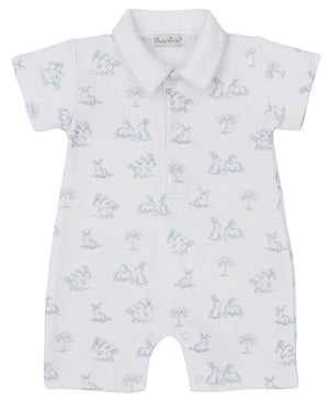 The Kissy Kissy Baby Boys' Springtime Bunny Fun Short Playsuit w/ Collar features soft white Pima cotton with light blue bunny and tree prints, offering a cozy and adorable look for your little one.
