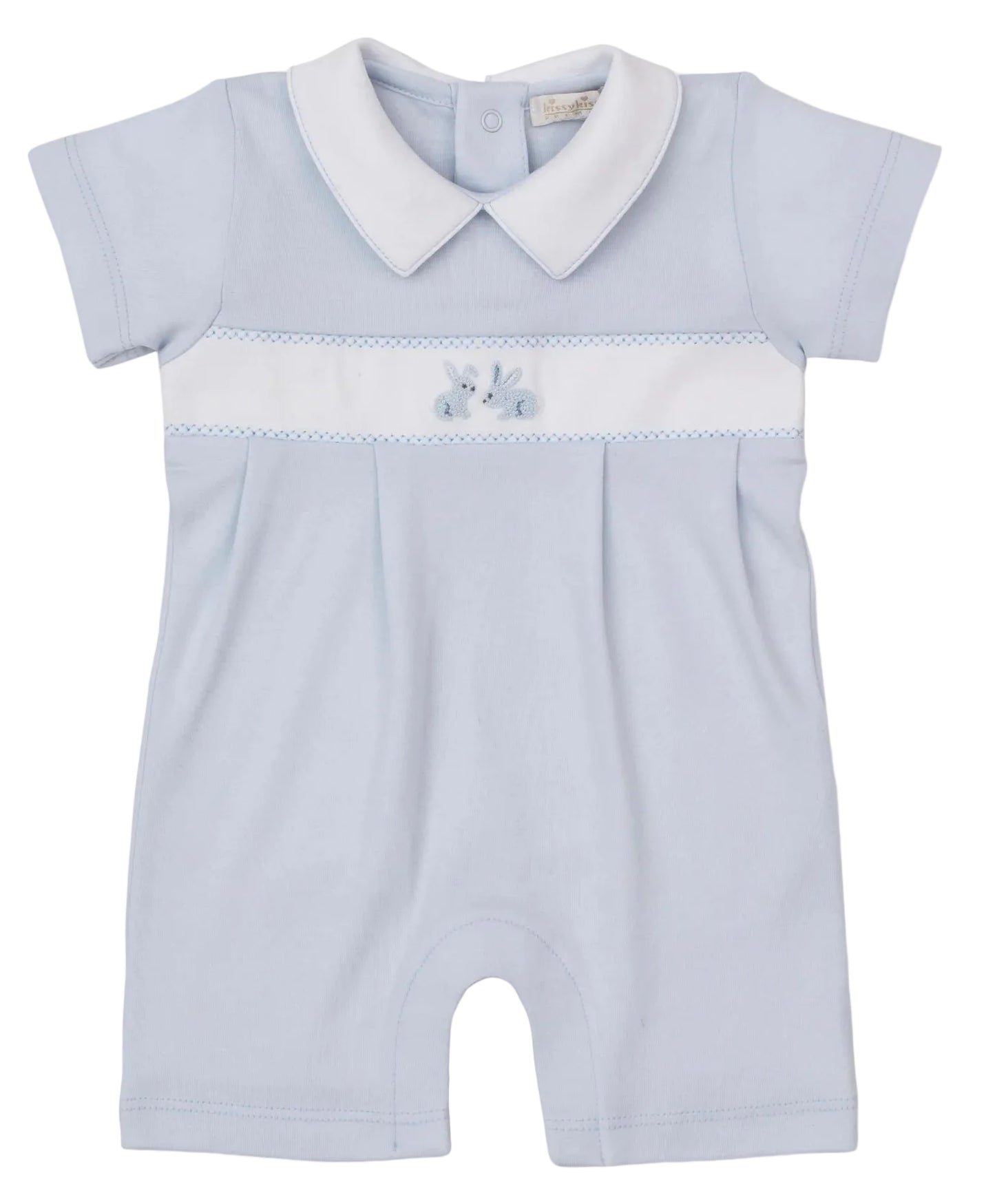 The Kissy Kissy Baby Boys' Premier Springtime Bunny Fun Hand Emb. Playsuit is a light blue short-sleeve Peruvian cotton outfit with a white collar, chest panel, and a hand-embroidered bunny on the front.