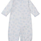 The Kissy Kissy Baby Cheerful Goodnight Convertible Gown is a white, long-sleeve Pima cotton sleeper with footless legs, blue cloud and moon pattern, front snap closures, and converts to a gown for added versatility.