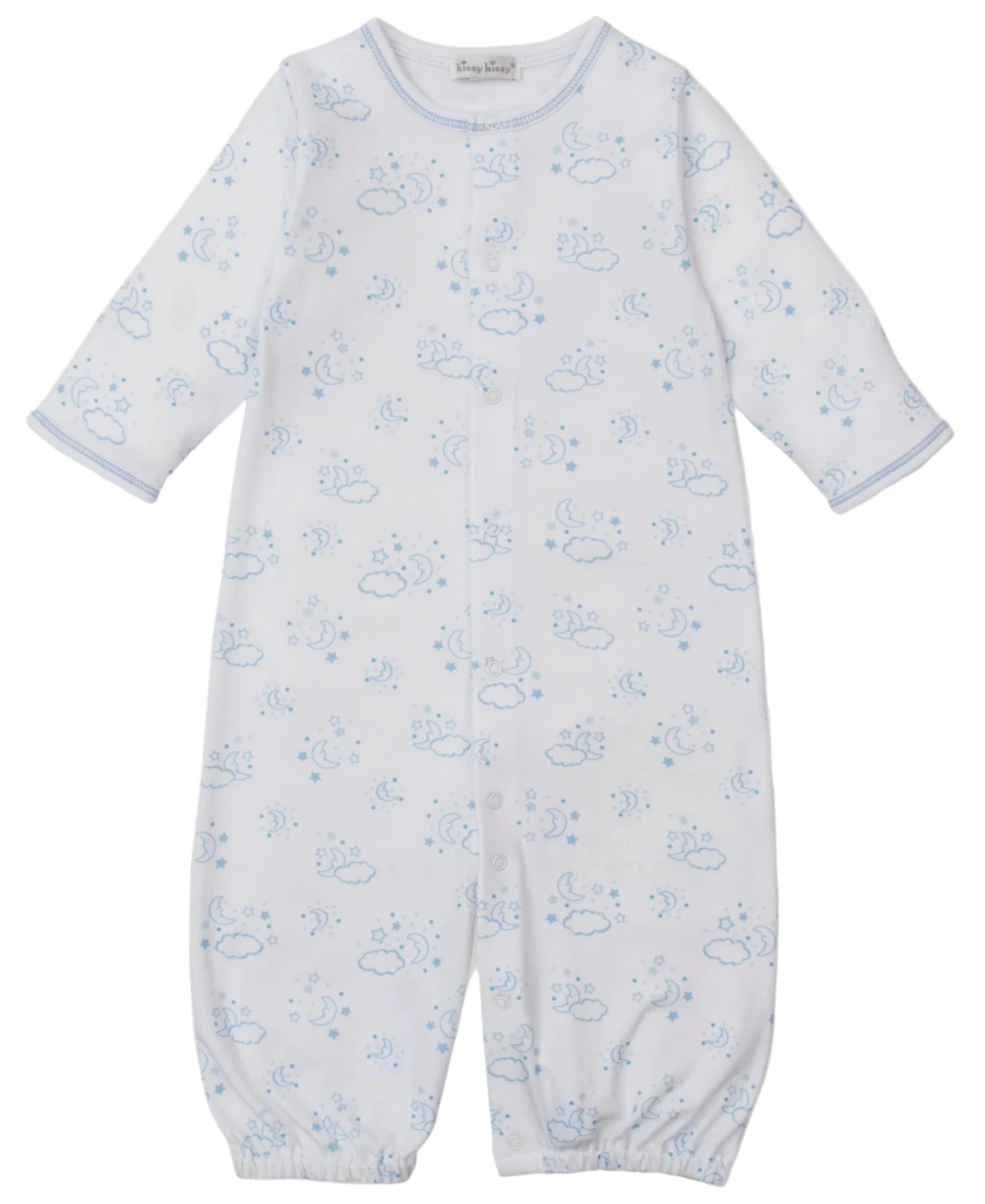 The Kissy Kissy Baby Cheerful Goodnight Convertible Gown is a white, long-sleeve Pima cotton sleeper with footless legs, blue cloud and moon pattern, front snap closures, and converts to a gown for added versatility.