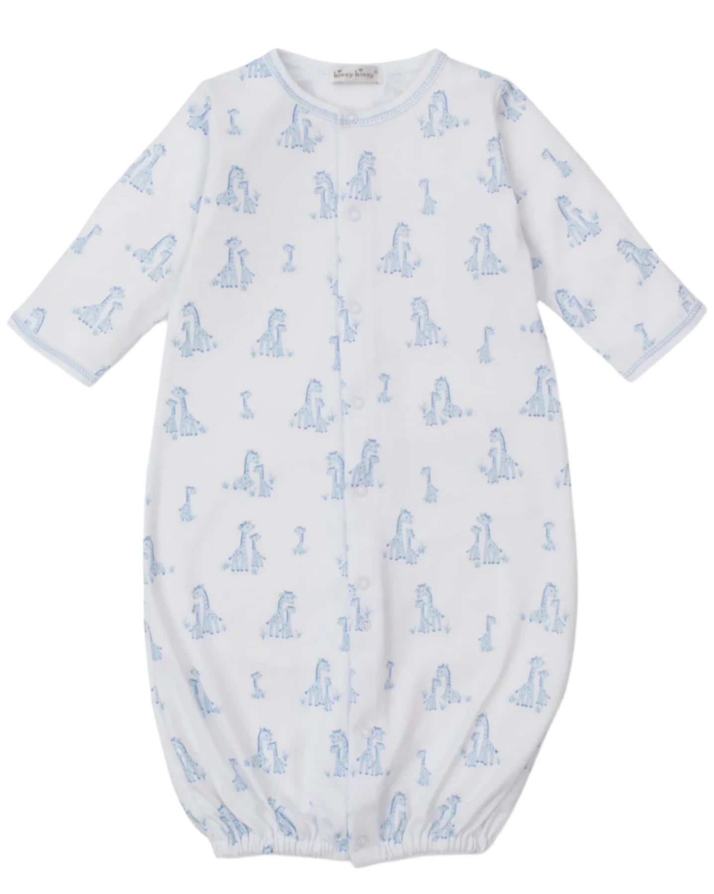 The Kissy Kissy Baby' Giraffe Grace Convertible Gown is crafted from soft Pima cotton, featuring an adorable giraffe print, long sleeves, and an elastic bottom hem for comfort.