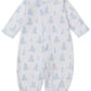 The Kissy Kissy Baby' Giraffe Grace Convertible Gown is a white long-sleeve playsuit with a cute giraffe print and elasticized cuffs, designed for easy comfort and convenience.