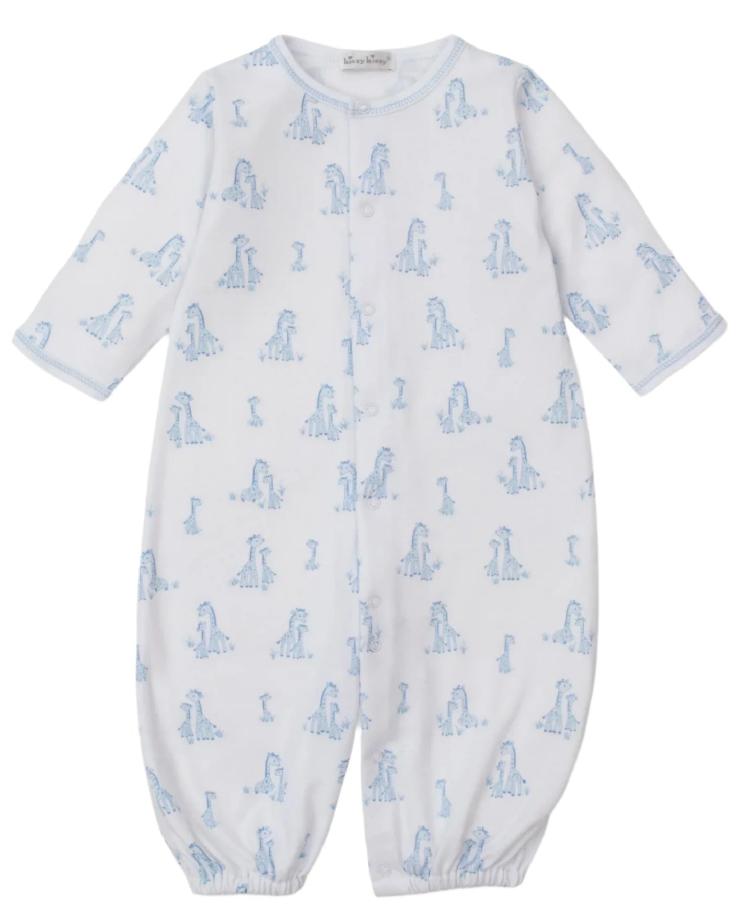 The Kissy Kissy Baby' Giraffe Grace Convertible Gown is a white long-sleeve playsuit with a cute giraffe print and elasticized cuffs, designed for easy comfort and convenience.