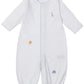 The Kissy Kissy Baby's Safari Wild Hand Emb. Convertible Gown is a white Peruvian cotton romper with blue trim, featuring hand-embroidered safari animals—giraffe, lion, and elephant—on the front.