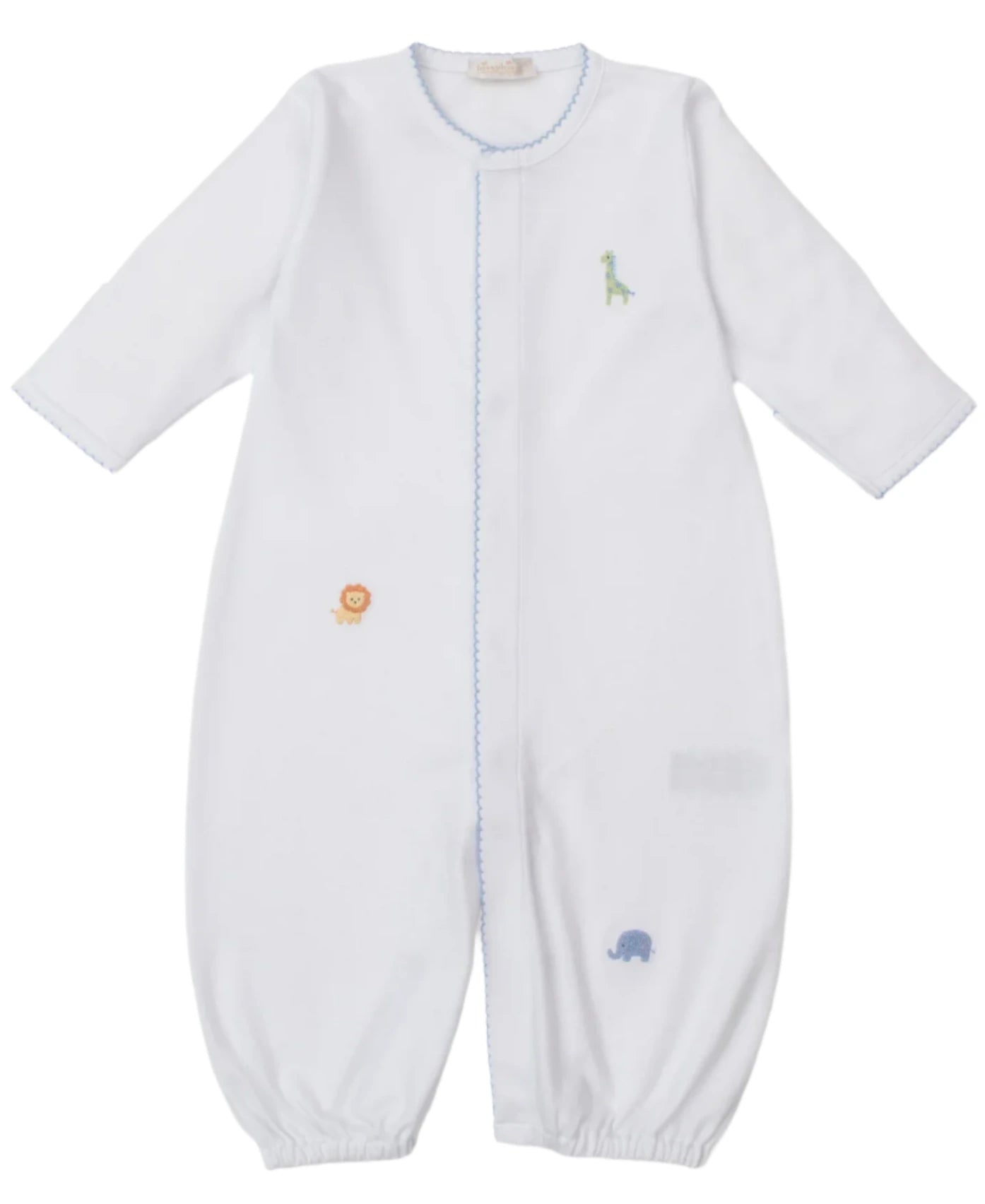 The Kissy Kissy Baby's Safari Wild Hand Emb. Convertible Gown is a white Peruvian cotton romper with blue trim, featuring hand-embroidered safari animals—giraffe, lion, and elephant—on the front.