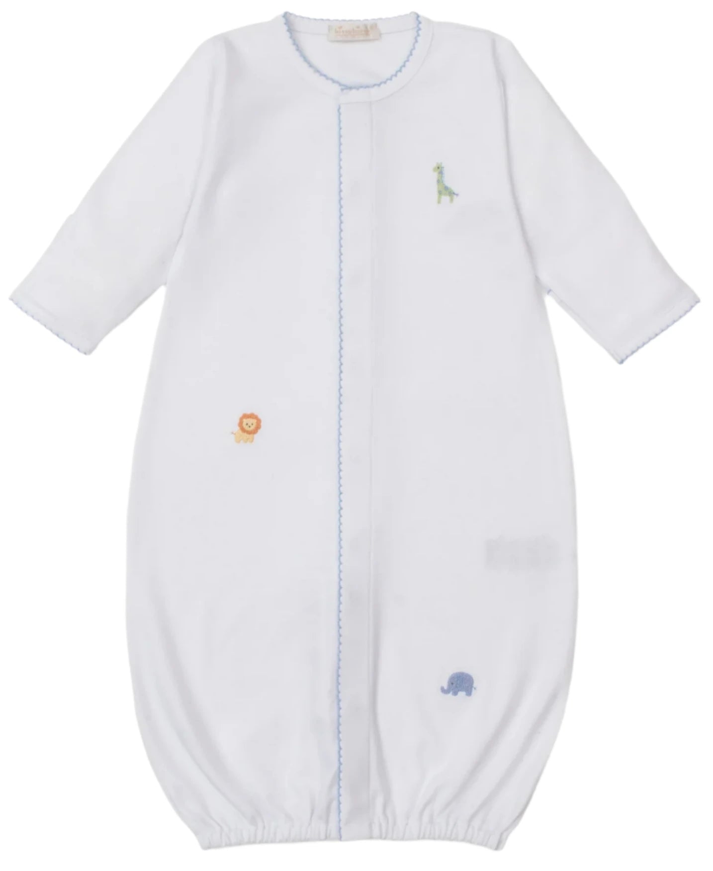 The Kissy Kissy Baby Safari Wild Hand Emb. Convertible Gown is crafted from soft Peruvian cotton with long sleeves, blue trim, and safari animal embroidery of a giraffe, lion, and elephant on the front.