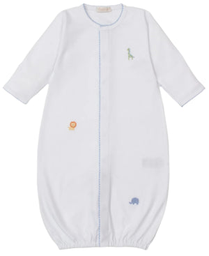 The Kissy Kissy Baby Safari Wild Hand Emb. Convertible Gown is crafted from soft Peruvian cotton with long sleeves, blue trim, and safari animal embroidery of a giraffe, lion, and elephant on the front.