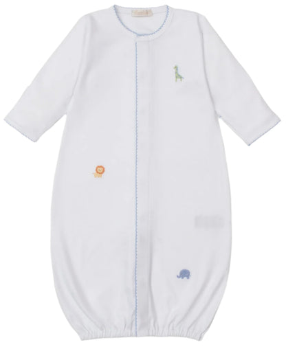 The Kissy Kissy Baby Safari Wild Hand Emb. Convertible Gown is crafted from soft Peruvian cotton with long sleeves, blue trim, and safari animal embroidery of a giraffe, lion, and elephant on the front.