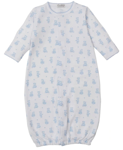 The Kissy Kissy Baby Teddy Bear Time Convertible Gown is made from white Pima cotton with long sleeves, blue teddy bear print, and features elastic wrists and hem for comfort.