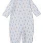 The Kissy Kissy Baby Teddy Bear Time Convertible Gown is a white, long-sleeve, footless onesie with blue teddy bear print and elastic ankle cuffs—crafted for comfort and versatility.
