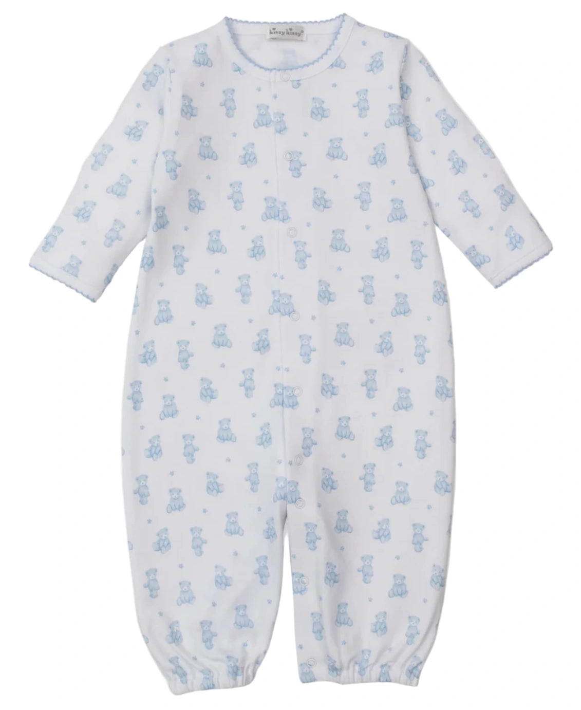 The Kissy Kissy Baby Teddy Bear Time Convertible Gown is a white, long-sleeve, footless onesie with blue teddy bear print and elastic ankle cuffs—crafted for comfort and versatility.