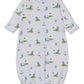 The Kissy Kissy Baby Golf Championship Convertible Gown is a white Pima cotton gown with blue trim, snap buttons, gathered cuffs, and an all-over golf-themed print featuring cartoon animals, cars, and green patches.