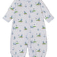 The Kissy Kissy Baby Golf Championship Convertible Gown is a white, long-sleeve Pima cotton romper featuring elastic cuffs and playful blue and green cartoon golf carts, flags, and animals.