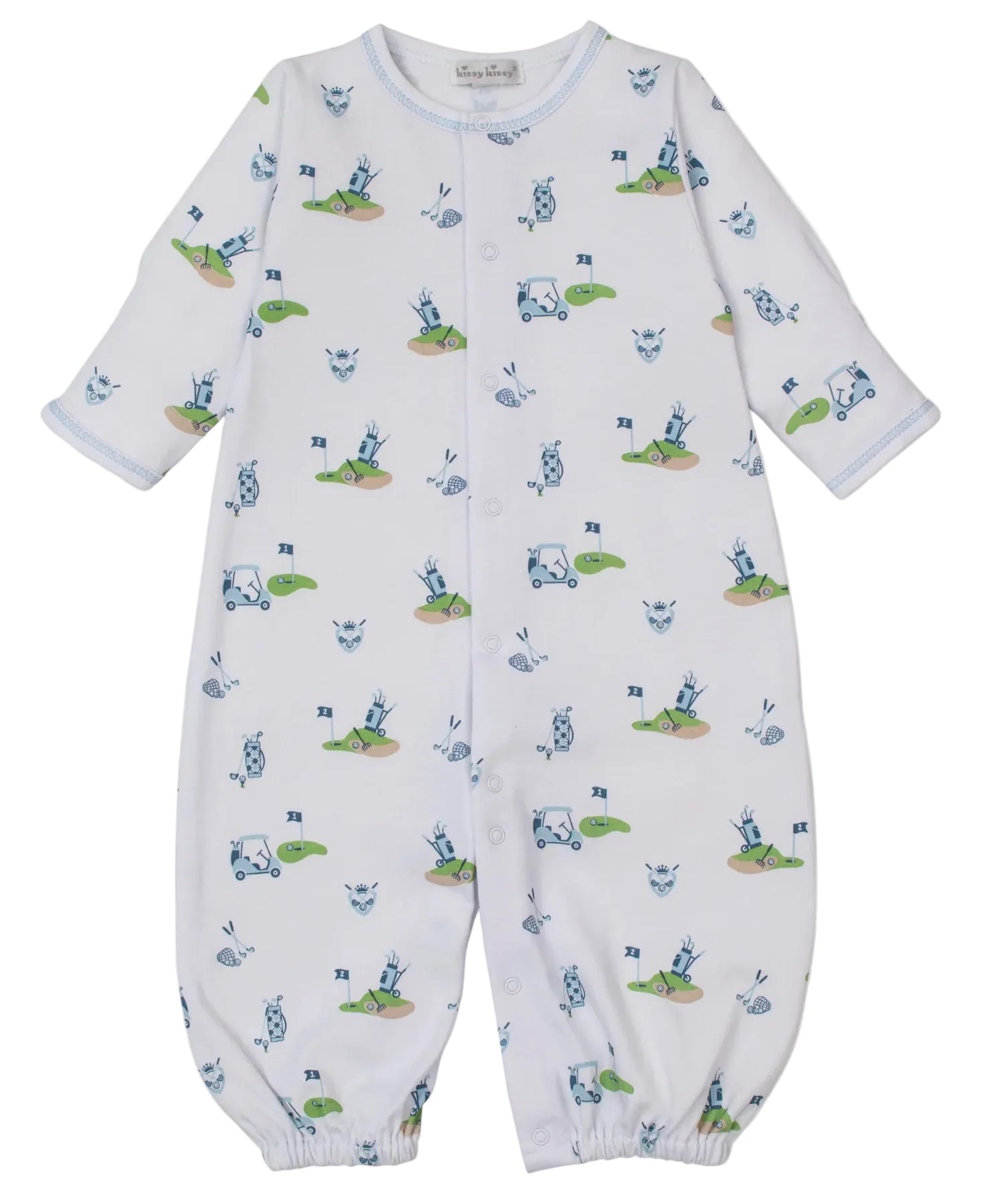 The Kissy Kissy Baby Golf Championship Convertible Gown is a white, long-sleeve Pima cotton romper featuring elastic cuffs and playful blue and green cartoon golf carts, flags, and animals.
