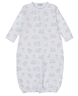 The Kissy Kissy Baby Springtime Bunny Fun Convertible Gown is a cozy white Pima cotton playsuit with long sleeves, elastic hem, and a charming spring bunny print—perfect for your little one’s comfort.