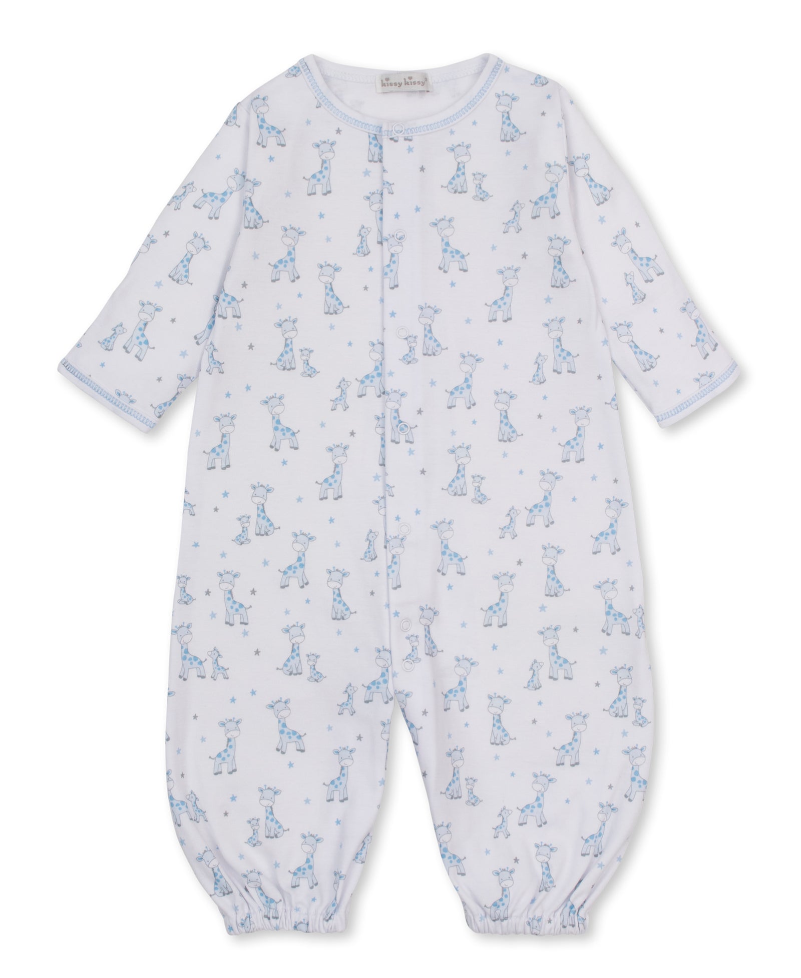 Dress your baby in ultimate comfort with the Kissy Kissy Baby Just Giraffes Printed Convertible Gown, featuring a charming blue giraffe and star print, long sleeves, front snap closures, and elastic cuffs at the wrists and ankles. Crafted from soft Pima cotton for the coziest feel.