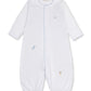 Dress your little one in comfort and style with the Kissy Kissy Baby SCE Jungle Hang Out Convertible Gown. This ultra-soft Peruvian cotton playsuit features long sleeves, elastic ankle cuffs, and subtle blue embroidered animal designs on the front, making it a cozy and adorable choice for your baby.