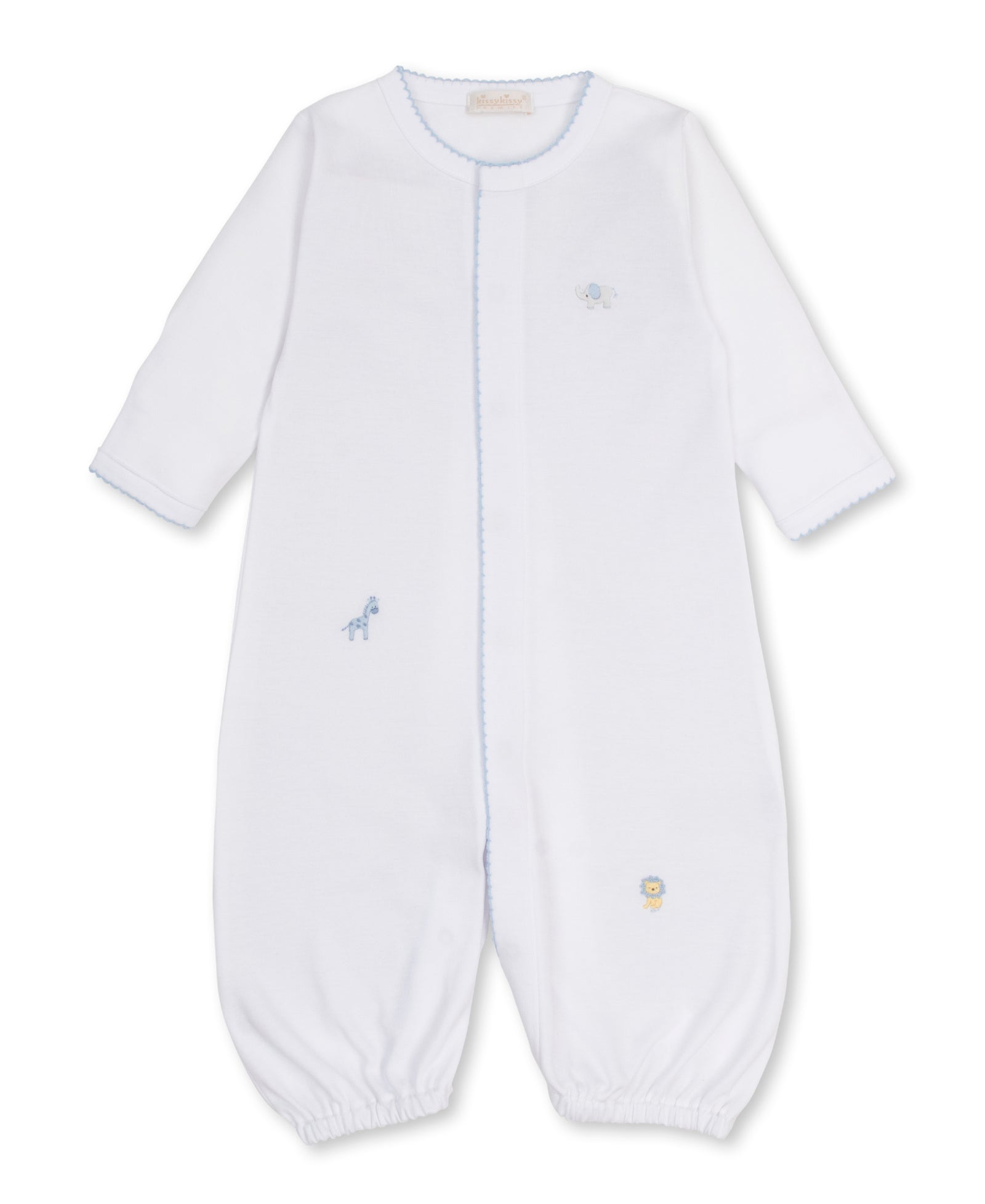 Dress your little one in comfort and style with the Kissy Kissy Baby SCE Jungle Hang Out Convertible Gown. This ultra-soft Peruvian cotton playsuit features long sleeves, elastic ankle cuffs, and subtle blue embroidered animal designs on the front, making it a cozy and adorable choice for your baby.