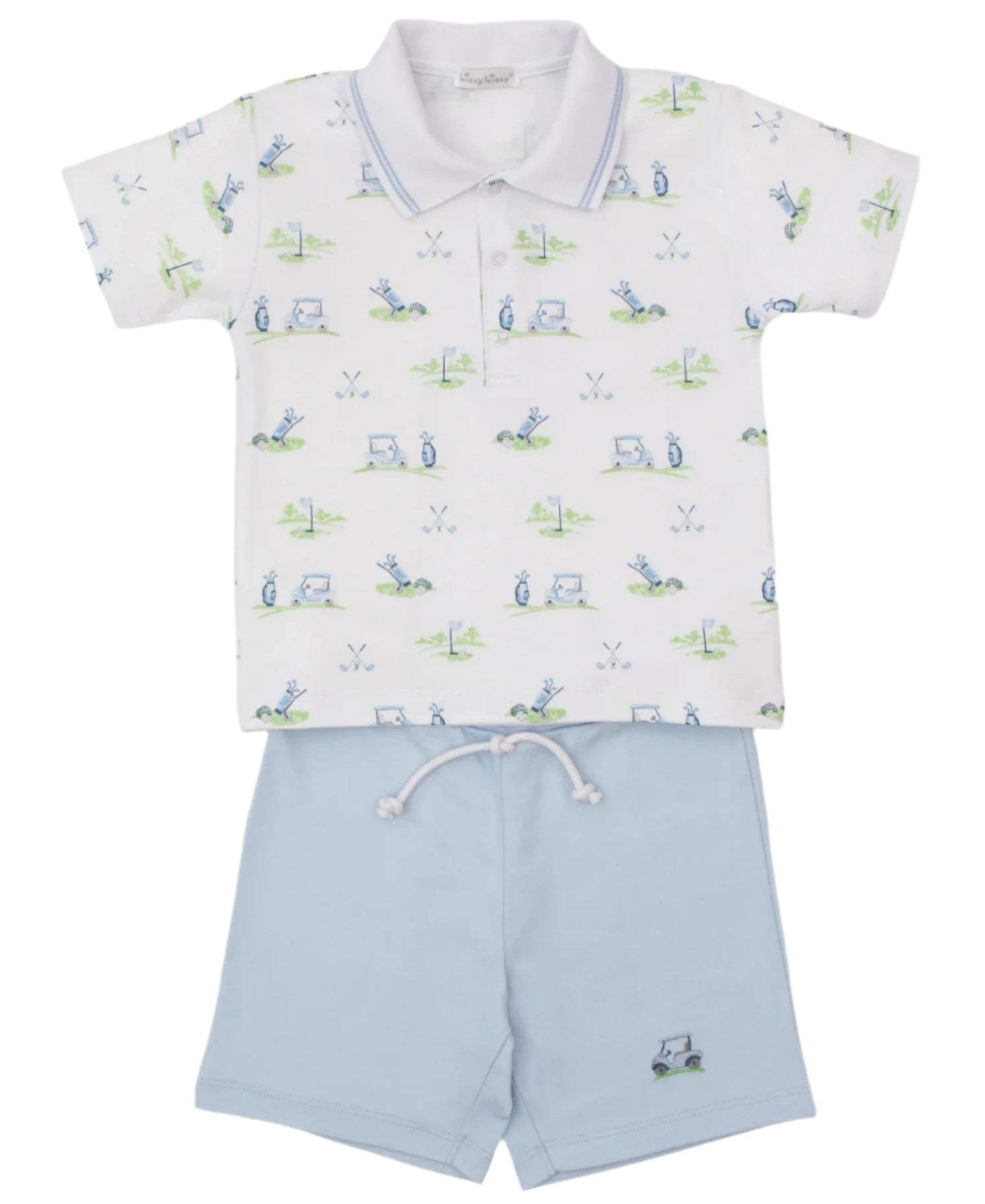 The Kissy Kissy Fairway Foursome Baby Bermuda Set by Kissy Kissy includes a white, short-sleeve polo with a playful golf print and light blue Pima cotton Bermuda shorts featuring a comfortable drawstring.