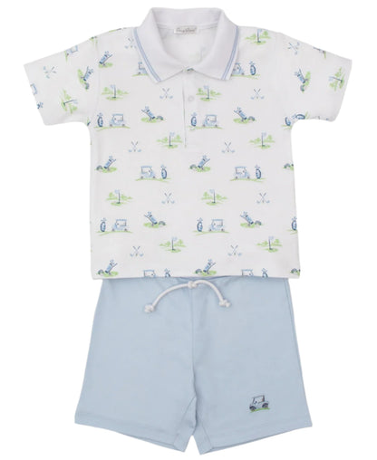 The Kissy Kissy Fairway Foursome Baby Bermuda Set by Kissy Kissy includes a white, short-sleeve polo with a playful golf print and light blue Pima cotton Bermuda shorts featuring a comfortable drawstring.