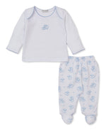 The Kissy Kissy Baby Sweet Sheep Footed Pant Set features a white long-sleeve top with a charming blue sheep print, paired with matching white footed pants adorned with an all-over blue sheep pattern. This adorable two-piece outfit combines comfort and style for your little one.