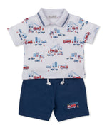 Dress your little one in the Kissy Kissy Baby Boys’ and Boys’ Rescue Raid Bermuda Set, featuring a white collared shirt adorned with a playful firetruck and building print, paired with navy blue drawstring shorts finished with an adorable firetruck embellishment.