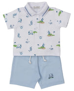 The Kissy Kissy Baby Boys' Golf Championship Bermuda Set features a short-sleeved golf print polo and light blue drawstring shorts in soft Pima cotton, shown on a white background.