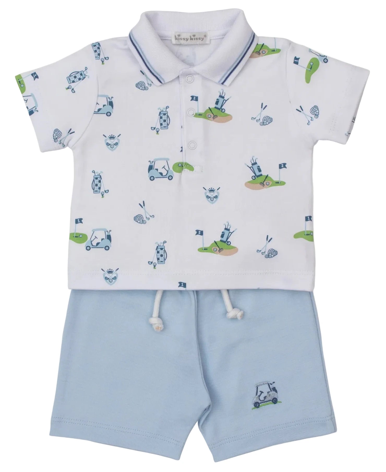 The Kissy Kissy Baby Boys' Golf Championship Bermuda Set features a short-sleeved golf print polo and light blue drawstring shorts in soft Pima cotton, shown on a white background.