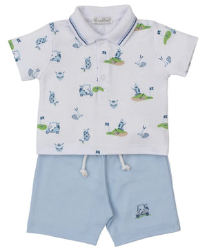 The Kissy Kissy Baby Boys' Golf Championship Bermuda Set features a short-sleeved golf print polo and light blue drawstring shorts in soft Pima cotton, shown on a white background.