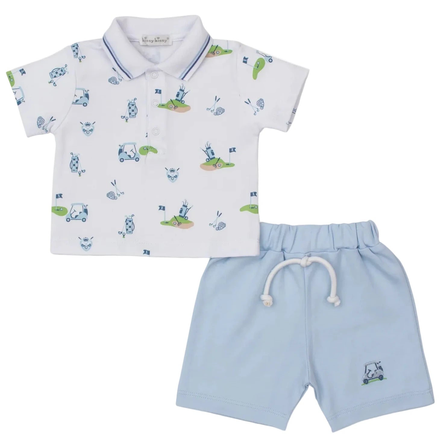 The Kissy Kissy Baby Boys' Golf Championship Bermuda Set features a short-sleeved white polo with blue and green golf-themed prints and light blue drawstring shorts with a small vehicle graphic—a playful, comfy outfit for little ones.