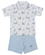 The Boys' Golf Championship Blue Toddler Bermuda Set by Kissy Kissy features a short-sleeved polo with cartoon animal golf print, blue collar trim, and light blue drawstring shorts—a charming outfit for toddlers.