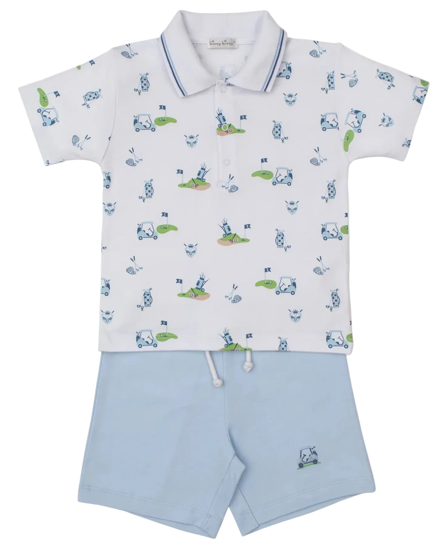 The Boys' Golf Championship Blue Toddler Bermuda Set by Kissy Kissy features a short-sleeved polo with cartoon animal golf print, blue collar trim, and light blue drawstring shorts—a charming outfit for toddlers.