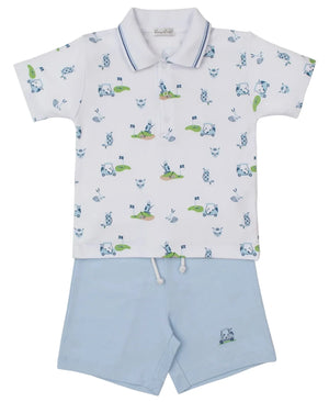 The Boys' Golf Championship Blue Toddler Bermuda Set by Kissy Kissy features a short-sleeved polo with cartoon animal golf print, blue collar trim, and light blue drawstring shorts—a charming outfit for toddlers.